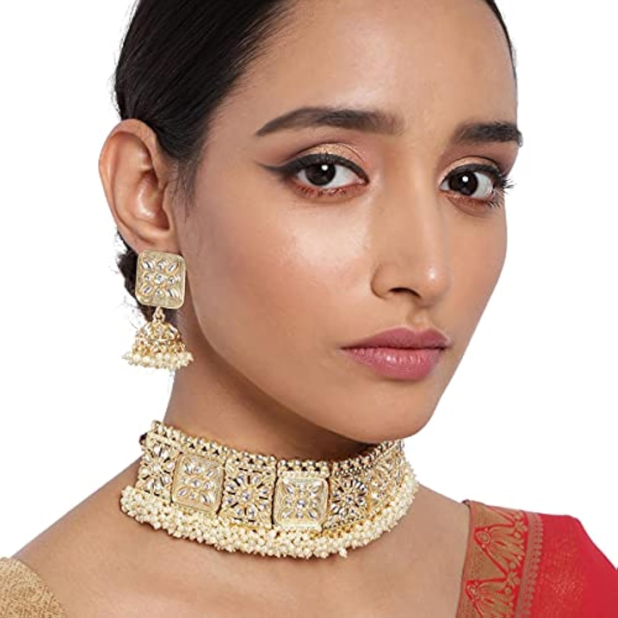 Kundan & Pearls Necklace Set, Wedding Collection, Plated Necklace with Earrings